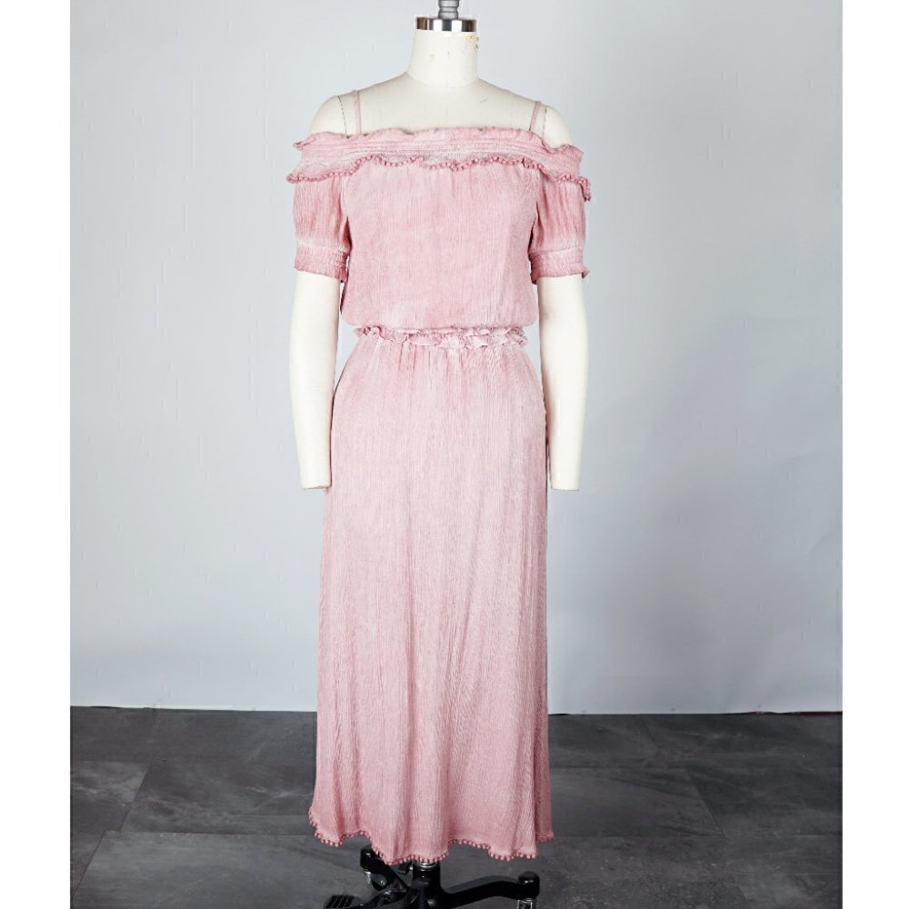 The Jetset Dairies Dress XS Off Shoulder Ruffle Blouson Smocked Waist Pink Boho